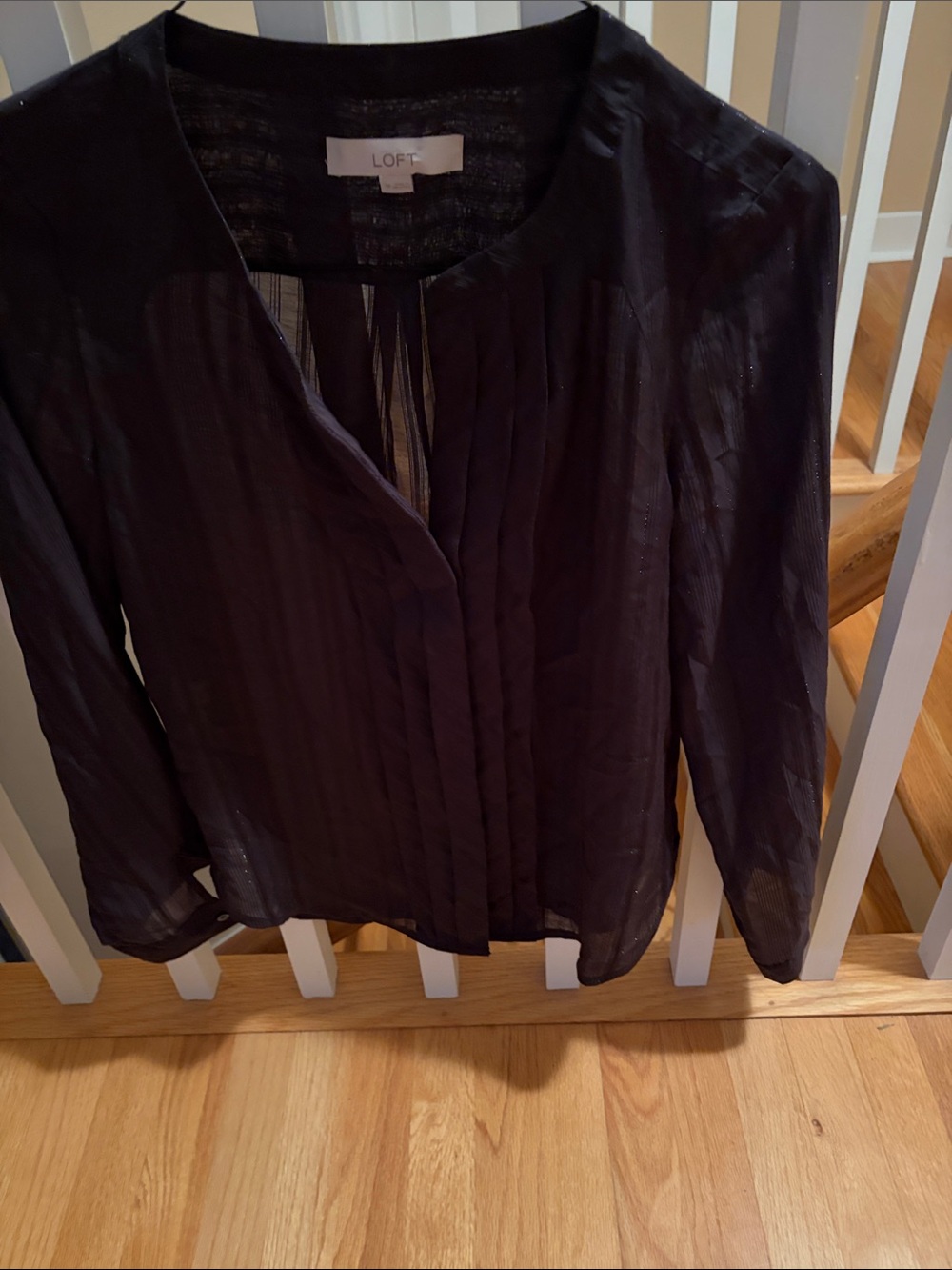 LOFT Black Pintuck With Subtle Silver Thread and Slight Sheer Long-Sleeve Blouse